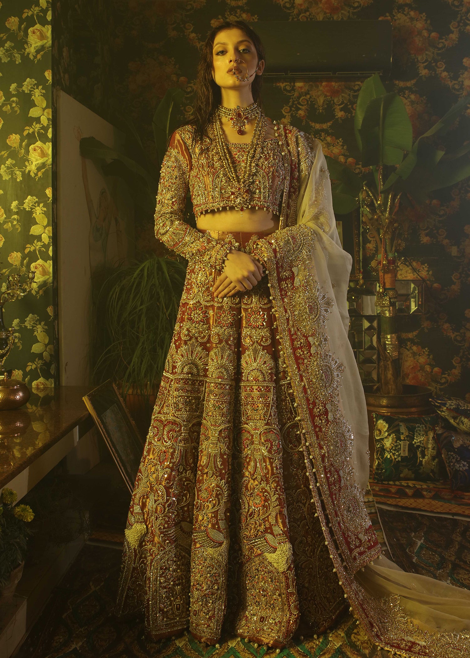 Pakistani Fuchsia Zardozi Tissue Lehenga (3-Piece) - Image 2