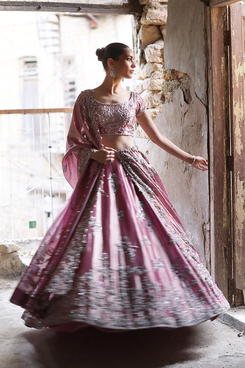 Pink Zardozi Tissue Bridal Lehenga (3-Piece) - Image 2