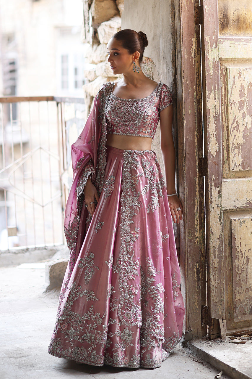 Pink Zardozi Tissue Bridal Lehenga (3-Piece) - Image 4