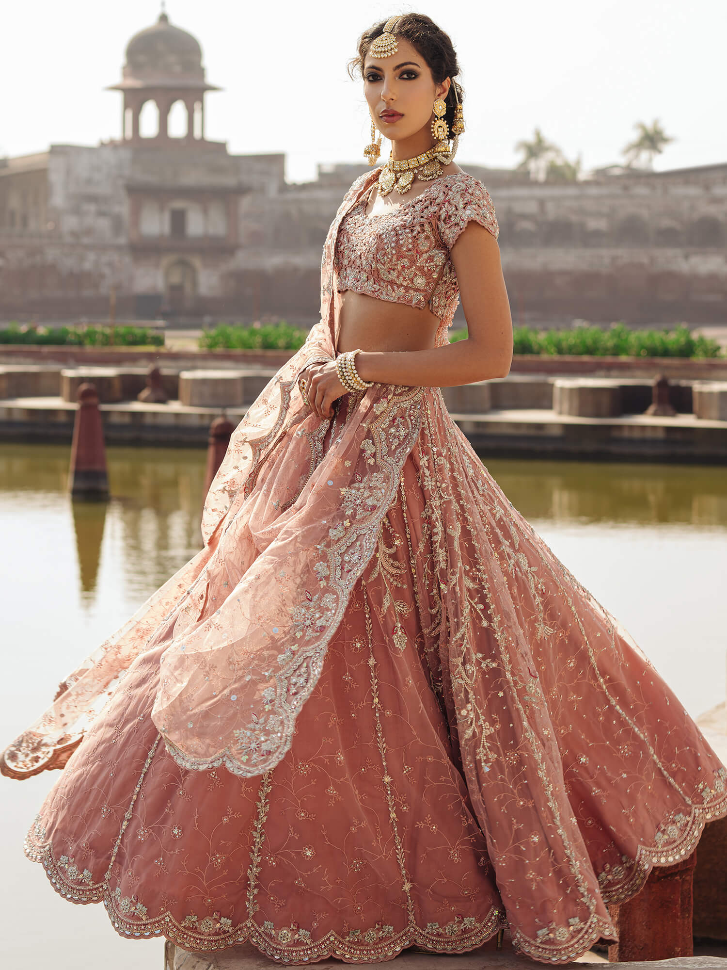 Pakistani Chai Pink Zardozi Tissue Lehenga Choli (3-Piece) - Image 3