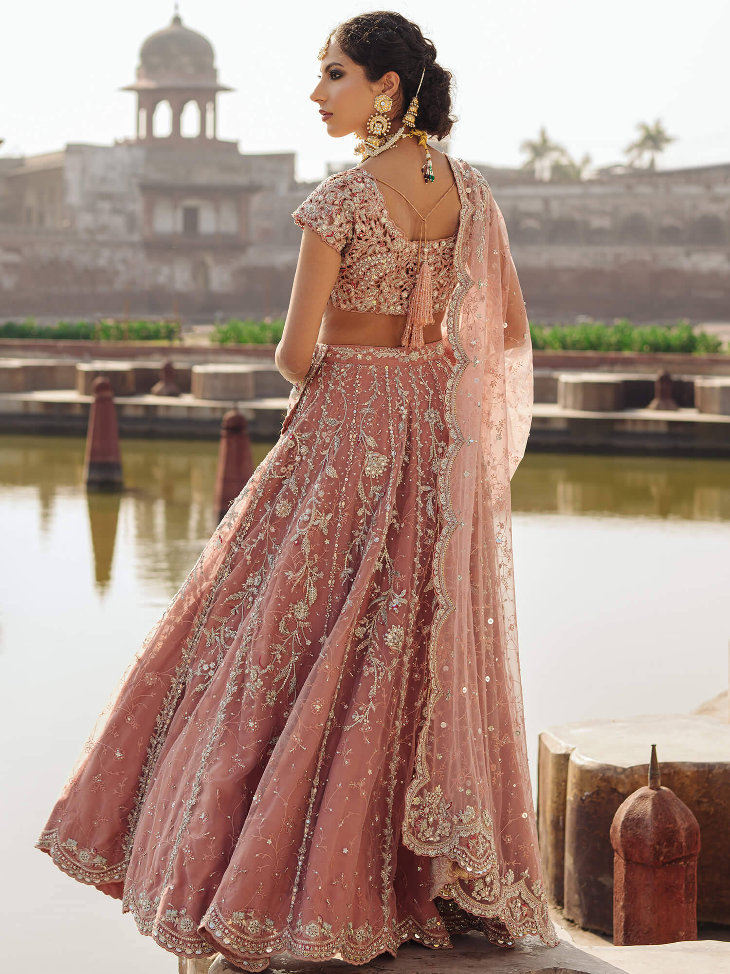 Pakistani Chai Pink Zardozi Tissue Lehenga Choli (3-Piece) - Image 4