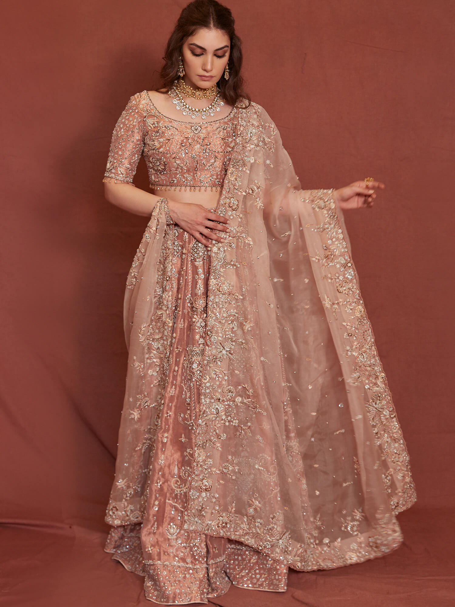Coral Zardozi Tissue & Organza Lehenga Choli (3-Piece) - Image 3