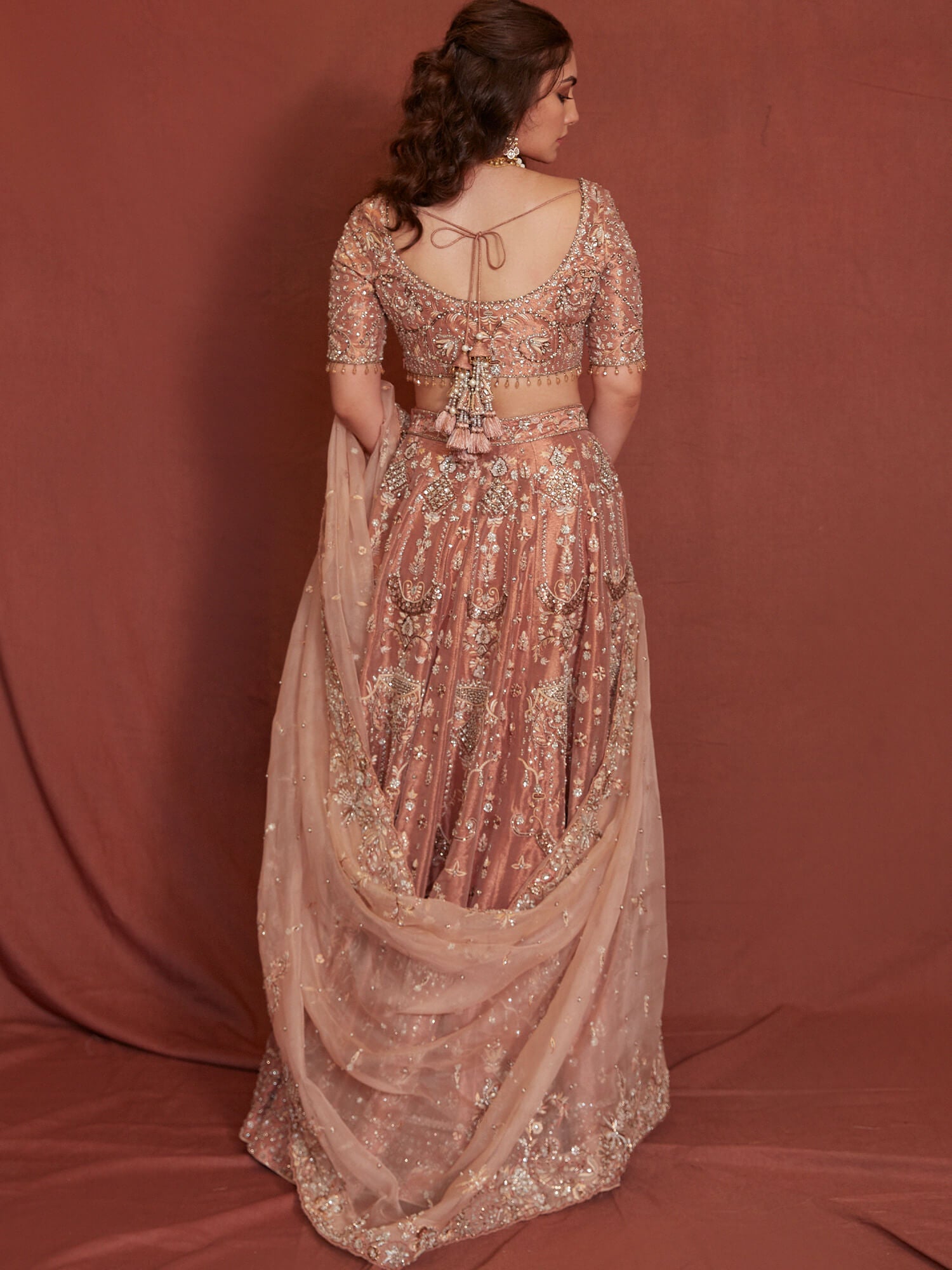 Coral Zardozi Tissue & Organza Lehenga Choli (3-Piece) - Image 4