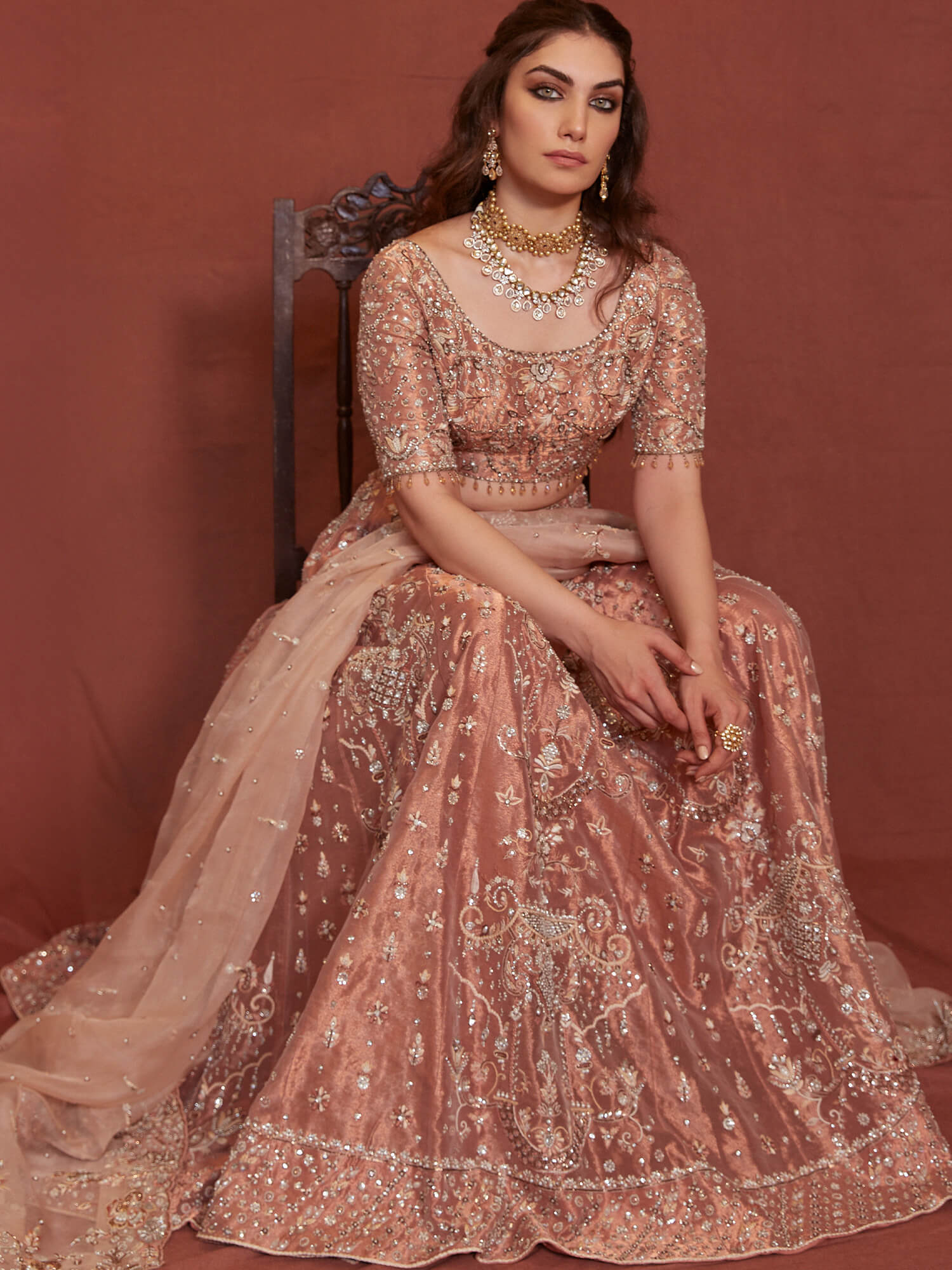 Coral Zardozi Tissue & Organza Lehenga Choli (3-Piece) - Image 5