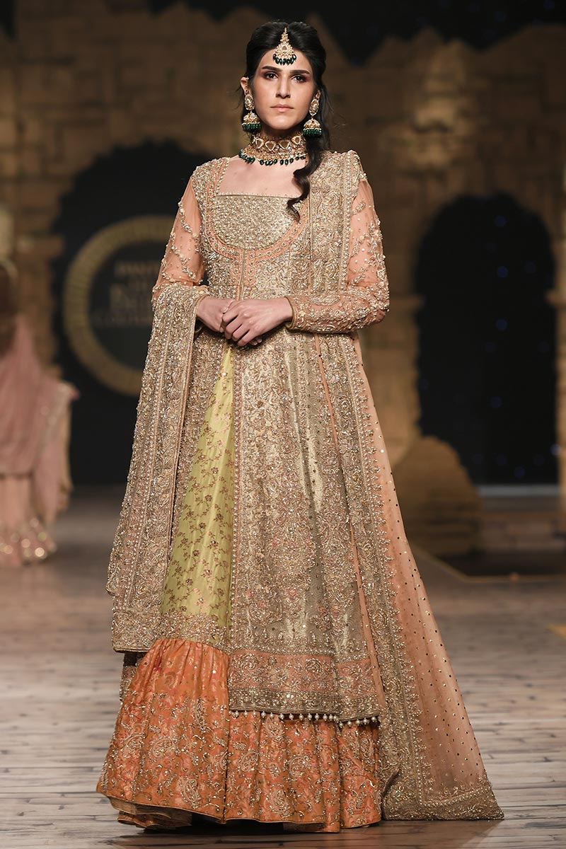 Pakistani Peach Zardozi Tissue Lehenga Gown (3-Piece) - Image 1