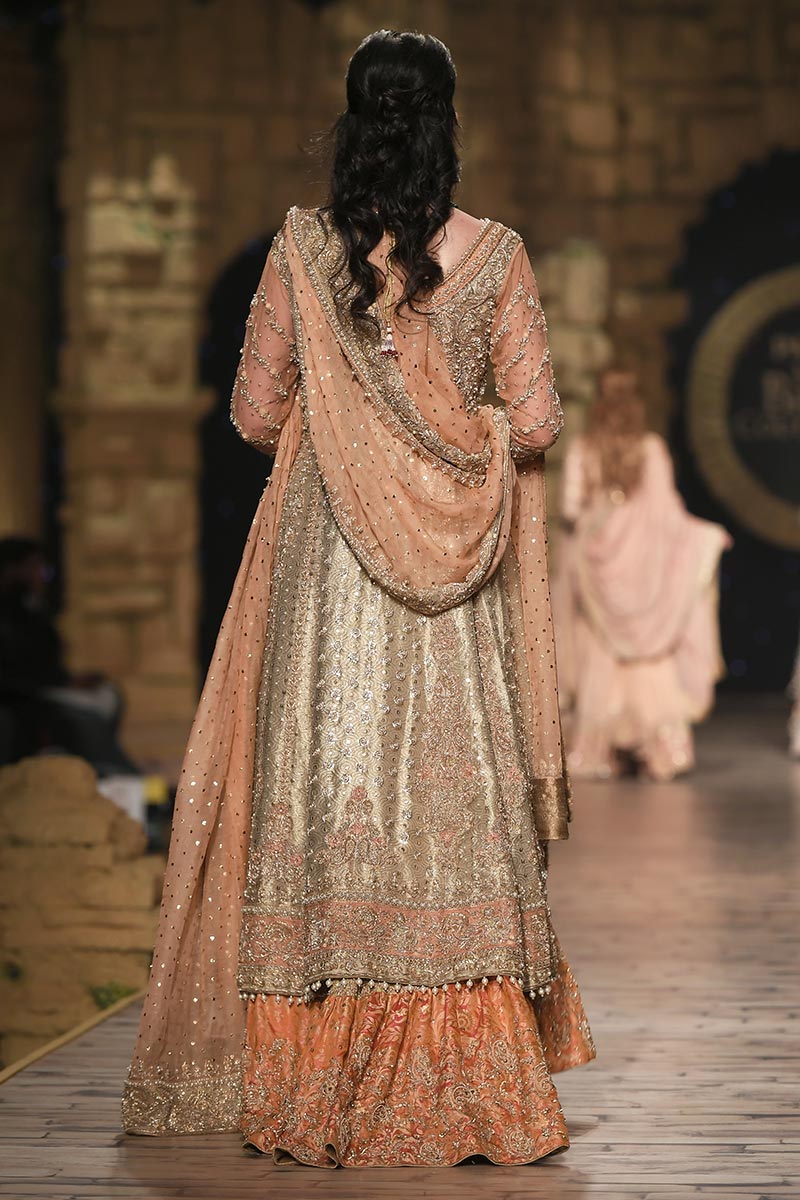 Pakistani Peach Zardozi Tissue Lehenga Gown (3-Piece) - Image 2