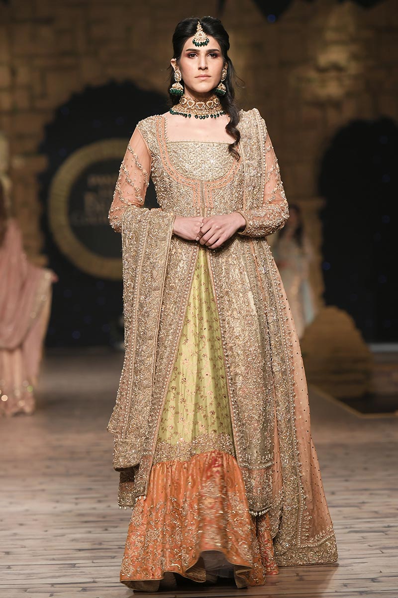 Pakistani Peach Zardozi Tissue Lehenga Gown (3-Piece) - Image 3