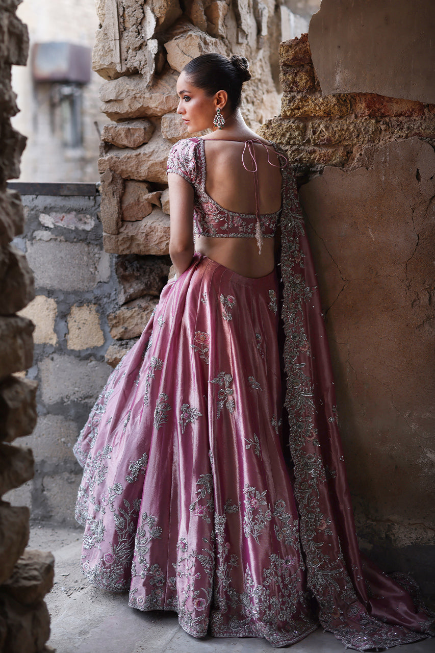 Pink Zardozi Embroidered Tissue Bridal Lehenga (3-Piece) - Image 3