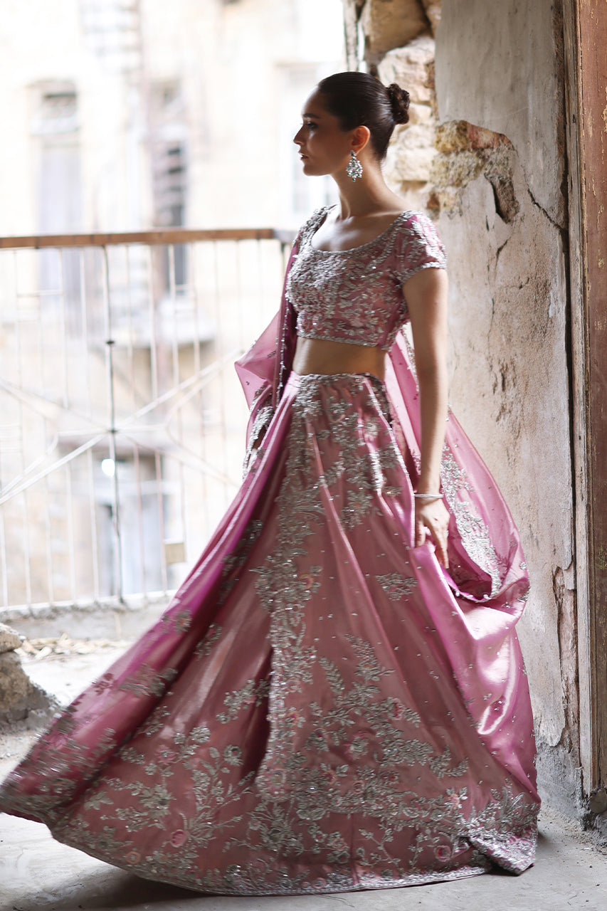 Pink Zardozi Embroidered Tissue Bridal Lehenga (3-Piece) - Image 5