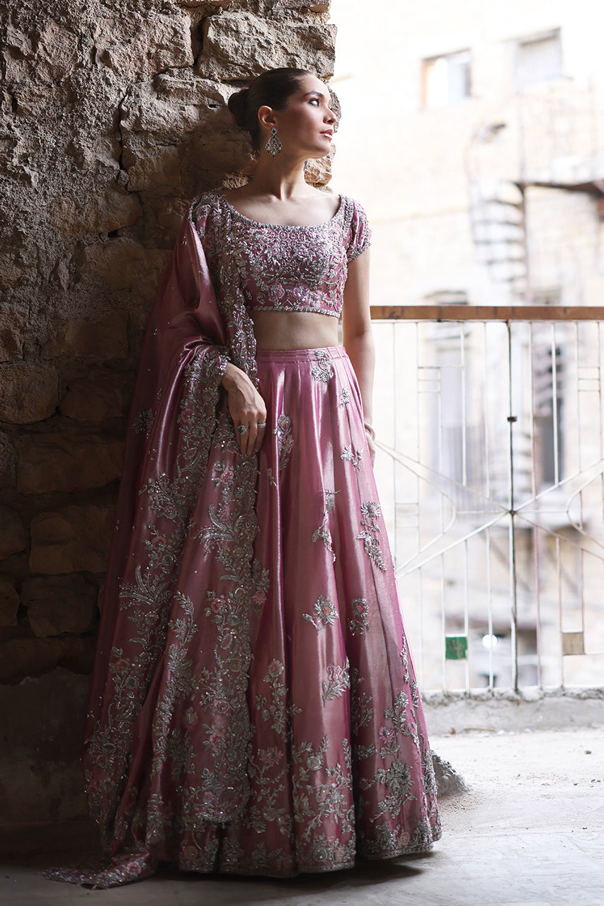 Pink Zardozi Embroidered Tissue Bridal Lehenga (3-Piece) - Image 6