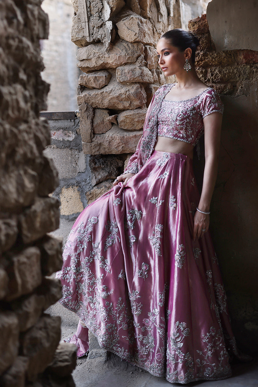 Pink Zardozi Embroidered Tissue Bridal Lehenga (3-Piece) - Image 7