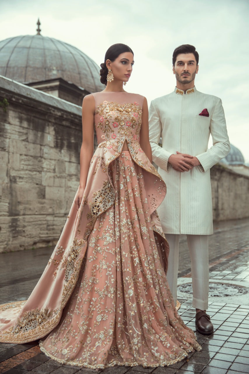 Pakistani Blush Pink Zardozi Tissue Peplum Lehenga (3-Piece) - Image 1
