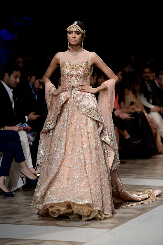 Pakistani Blush Pink Zardozi Tissue Peplum Lehenga (3-Piece) - Image 2