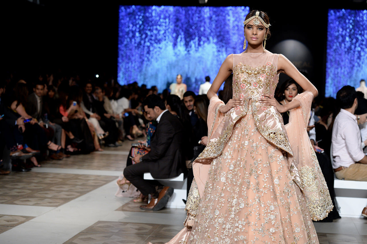 Pakistani Blush Pink Zardozi Tissue Peplum Lehenga (3-Piece) - Image 3