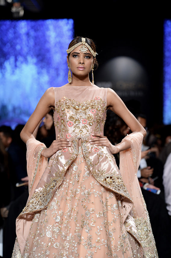 Pakistani Blush Pink Zardozi Tissue Peplum Lehenga (3-Piece) - Image 4