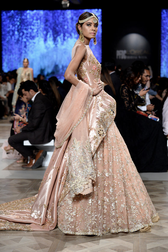 Pakistani Blush Pink Zardozi Tissue Peplum Lehenga (3-Piece) - Image 5