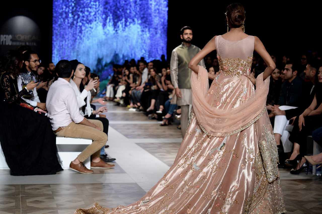 Pakistani Blush Pink Zardozi Tissue Peplum Lehenga (3-Piece) - Image 6