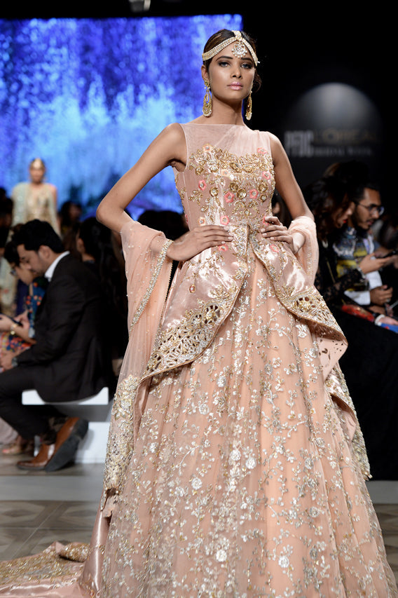 Pakistani Blush Pink Zardozi Tissue Peplum Lehenga (3-Piece) - Image 7