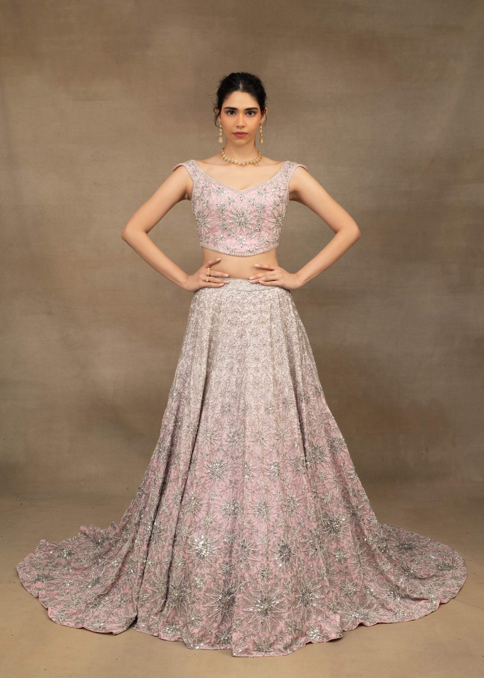 Indian Shaded Pink Embroidered Tulle Lehenga Set (3-Piece) - Image 1