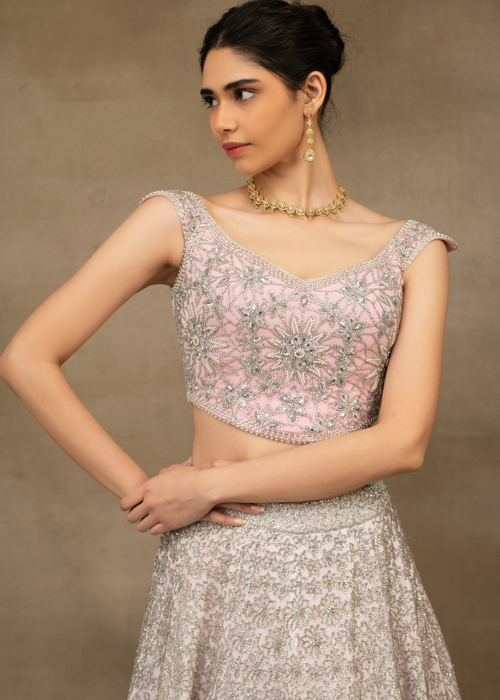 Indian Shaded Pink Embroidered Tulle Lehenga Set (3-Piece) - Image 2