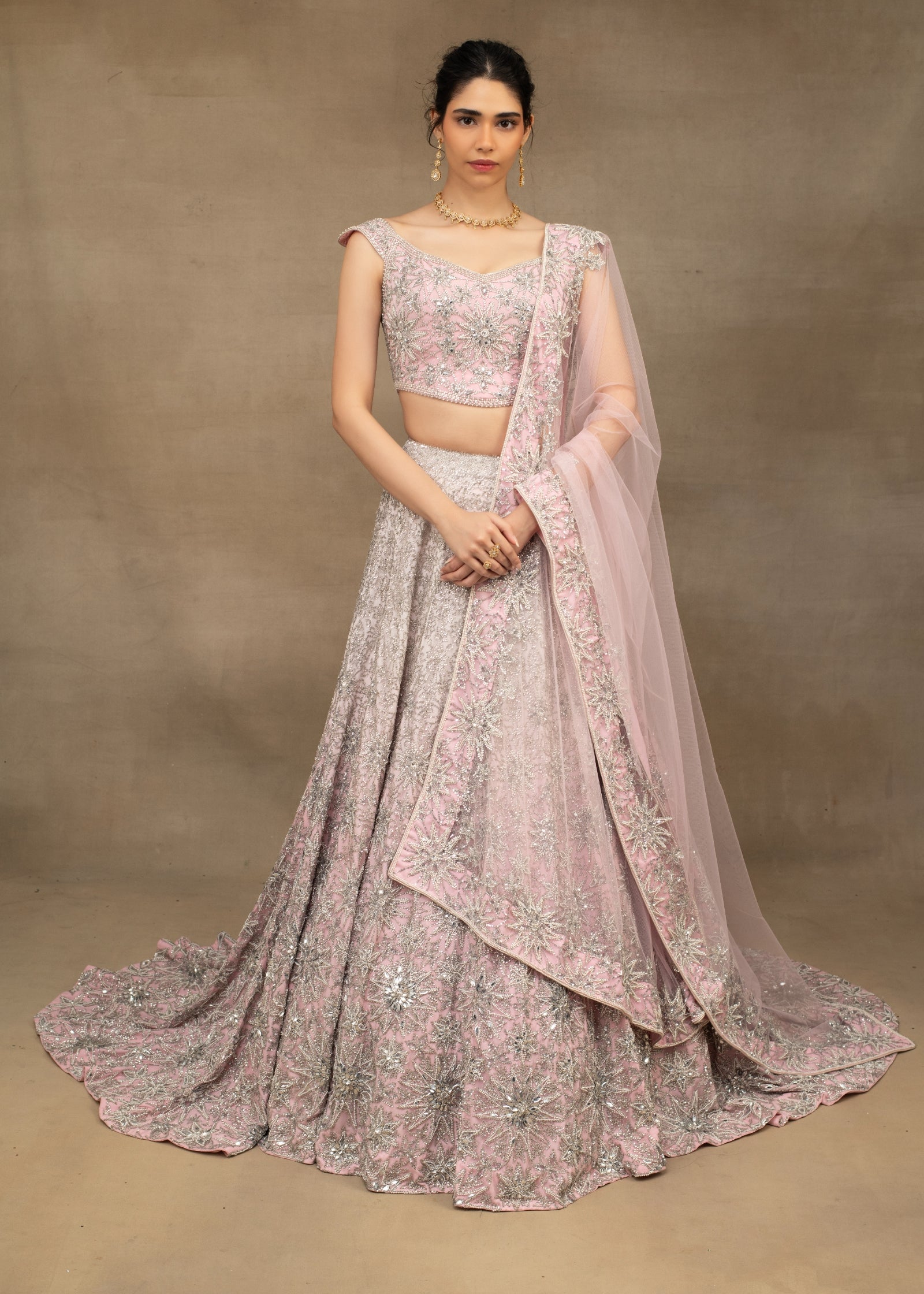 Indian Shaded Pink Embroidered Tulle Lehenga Set (3-Piece) - Image 4