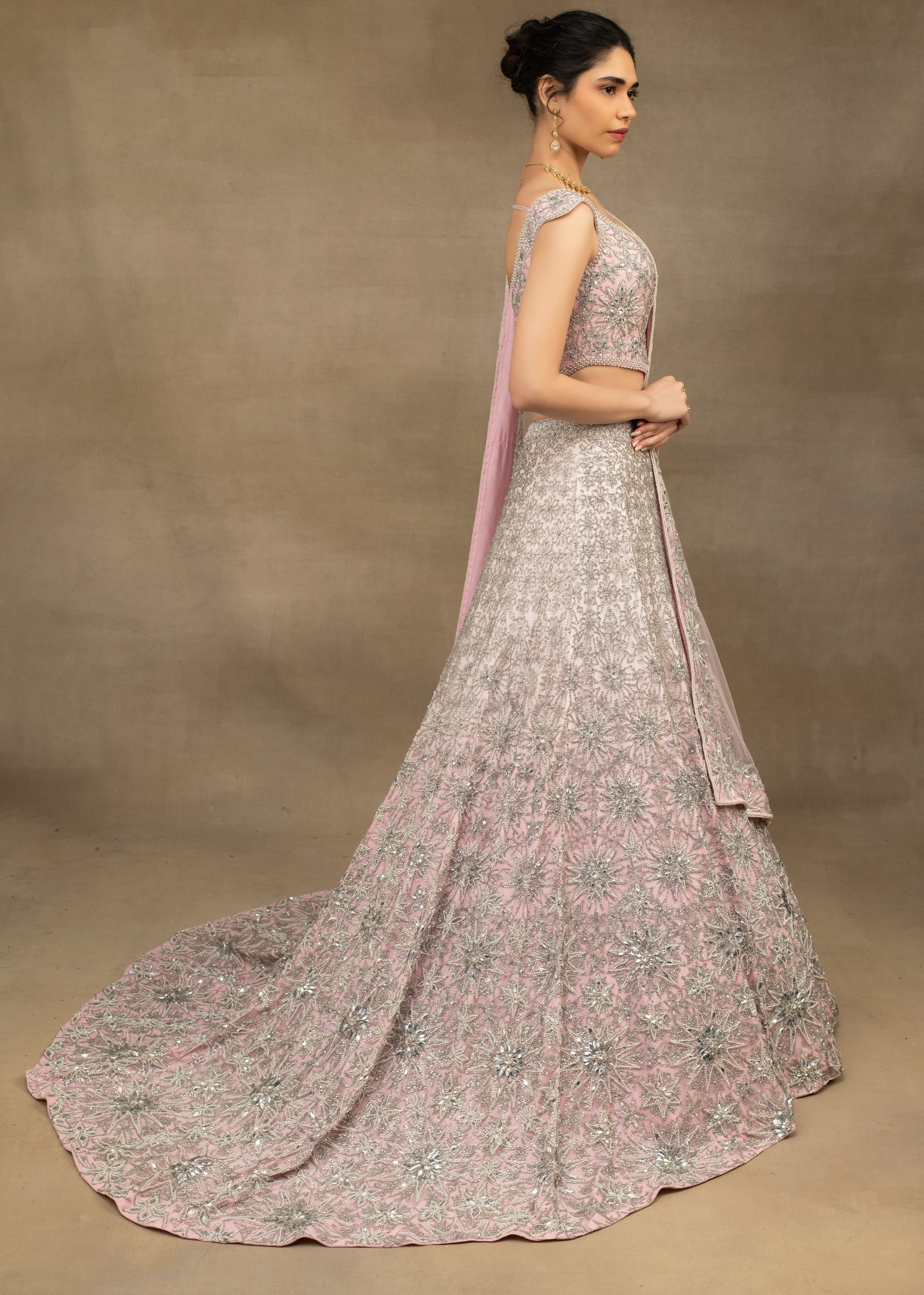 Indian Shaded Pink Embroidered Tulle Lehenga Set (3-Piece) - Image 5