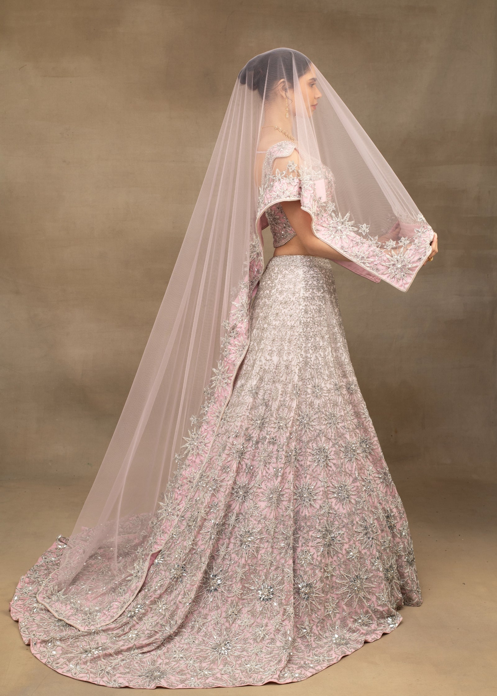 Indian Shaded Pink Embroidered Tulle Lehenga Set (3-Piece) - Image 6