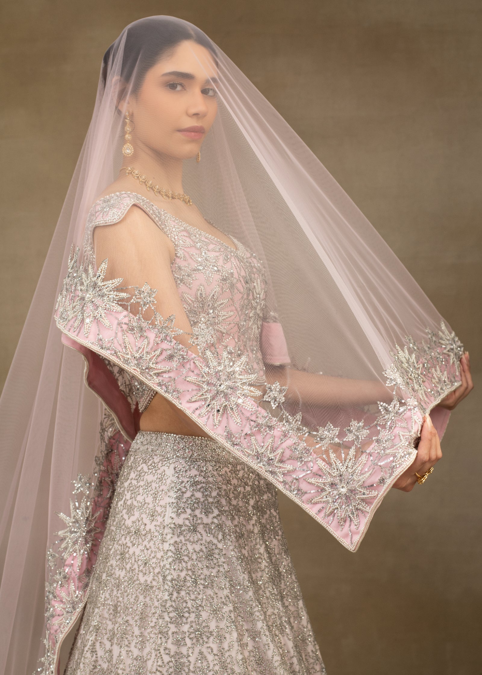 Indian Shaded Pink Embroidered Tulle Lehenga Set (3-Piece) - Image 7