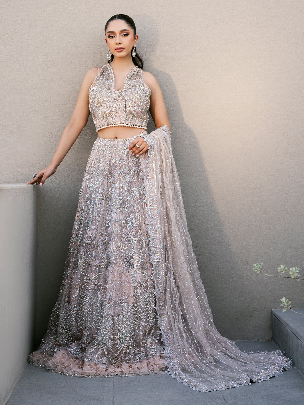 Pakistani Blush Pink Sequin 3D Floral Tulle Lehenga (3-Piece) - Image 1