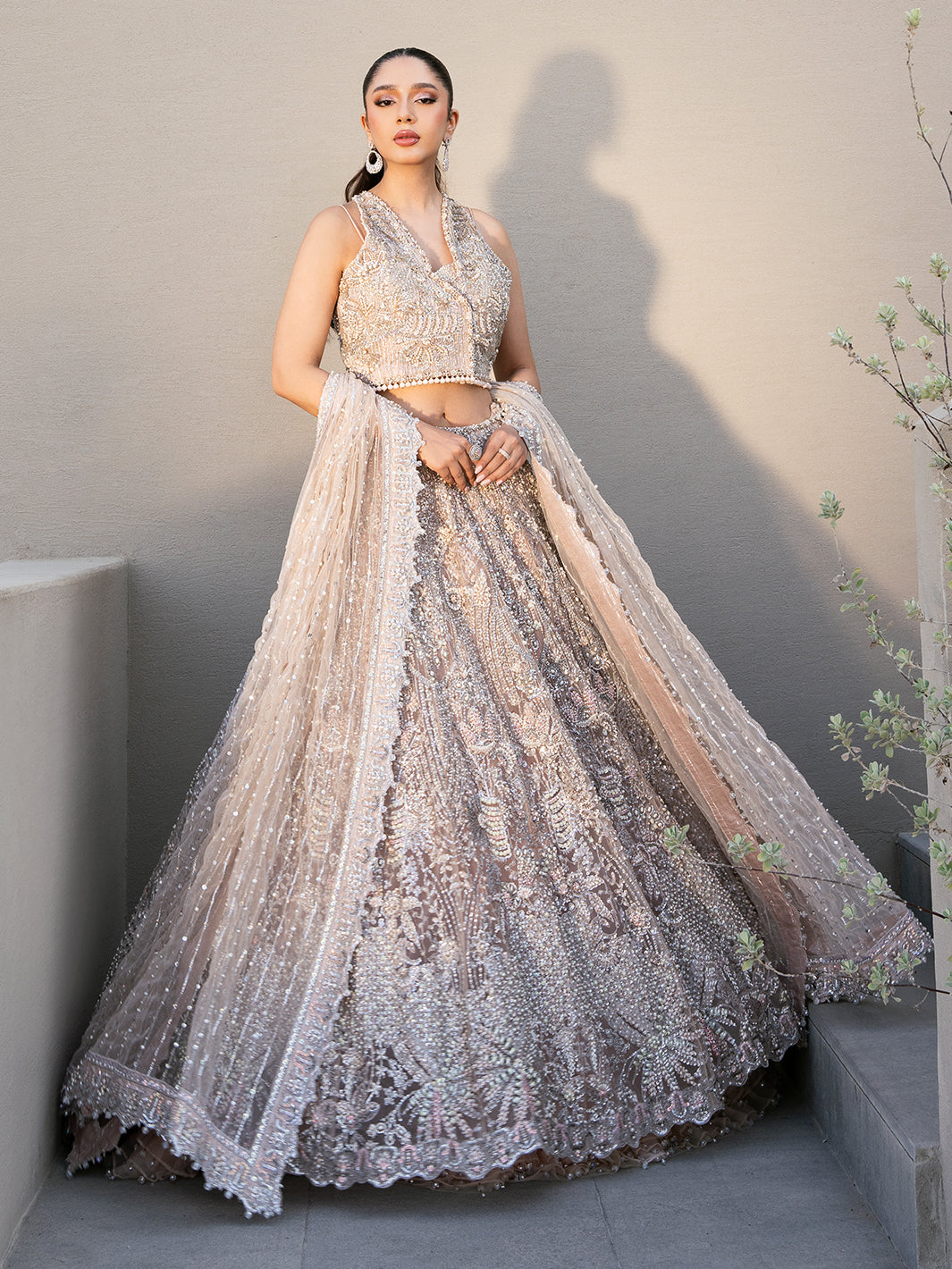 Pakistani Blush Pink Sequin 3D Floral Tulle Lehenga (3-Piece) - Image 10