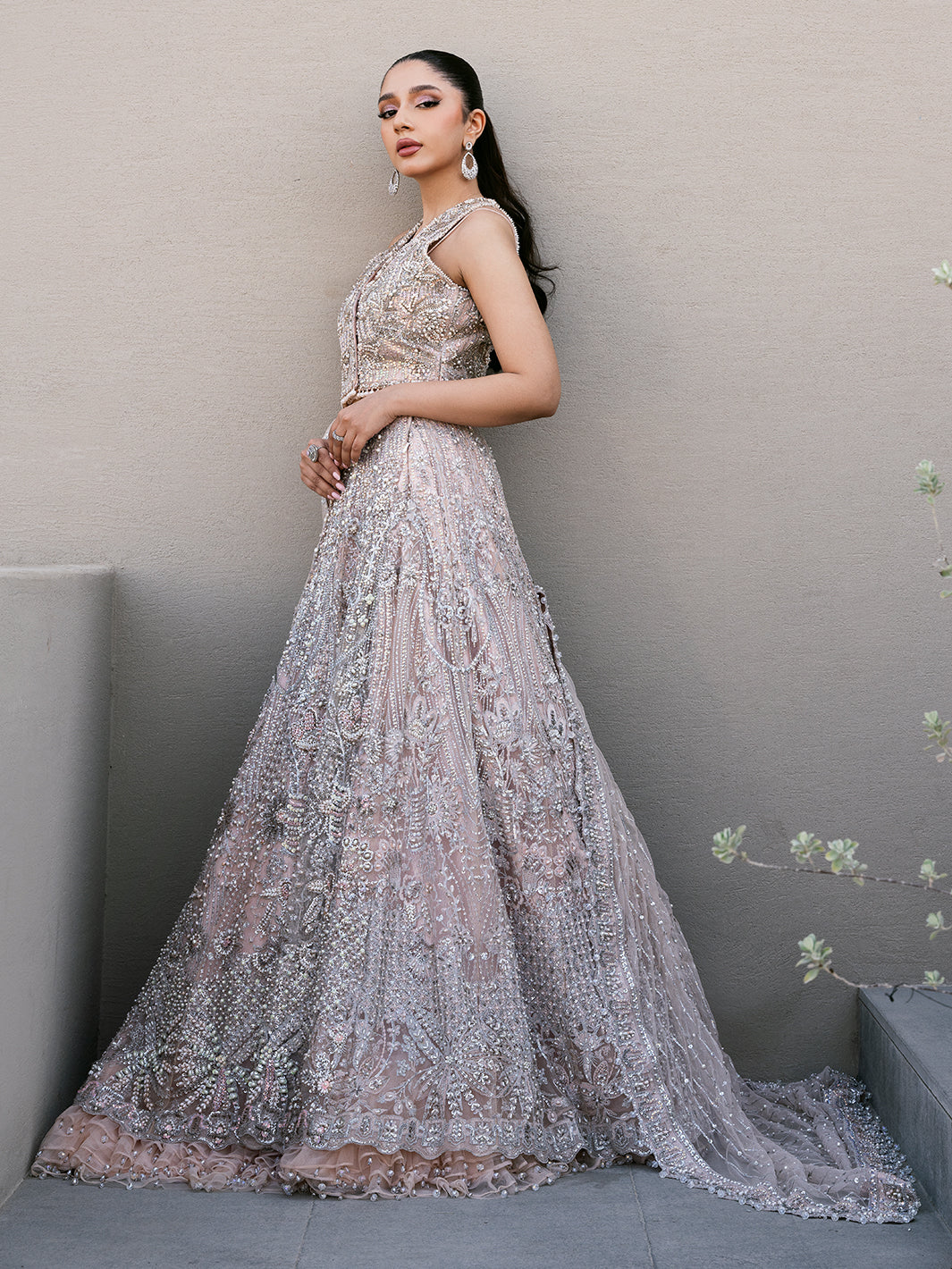 Pakistani Blush Pink Sequin 3D Floral Tulle Lehenga (3-Piece) - Image 11