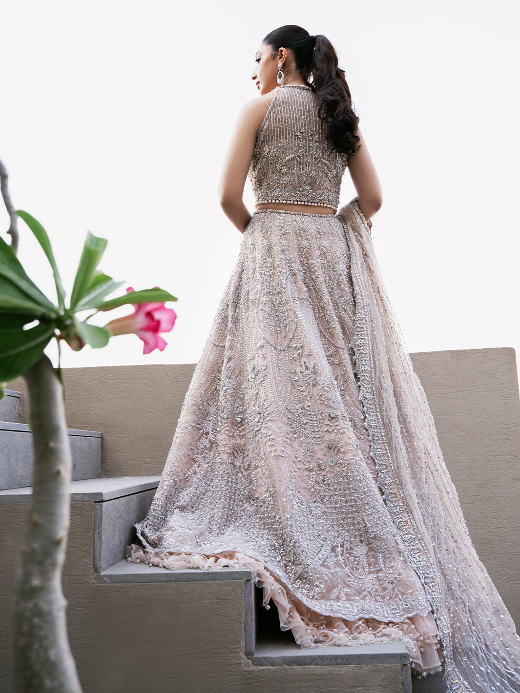 Pakistani Blush Pink Sequin 3D Floral Tulle Lehenga (3-Piece) - Image 3