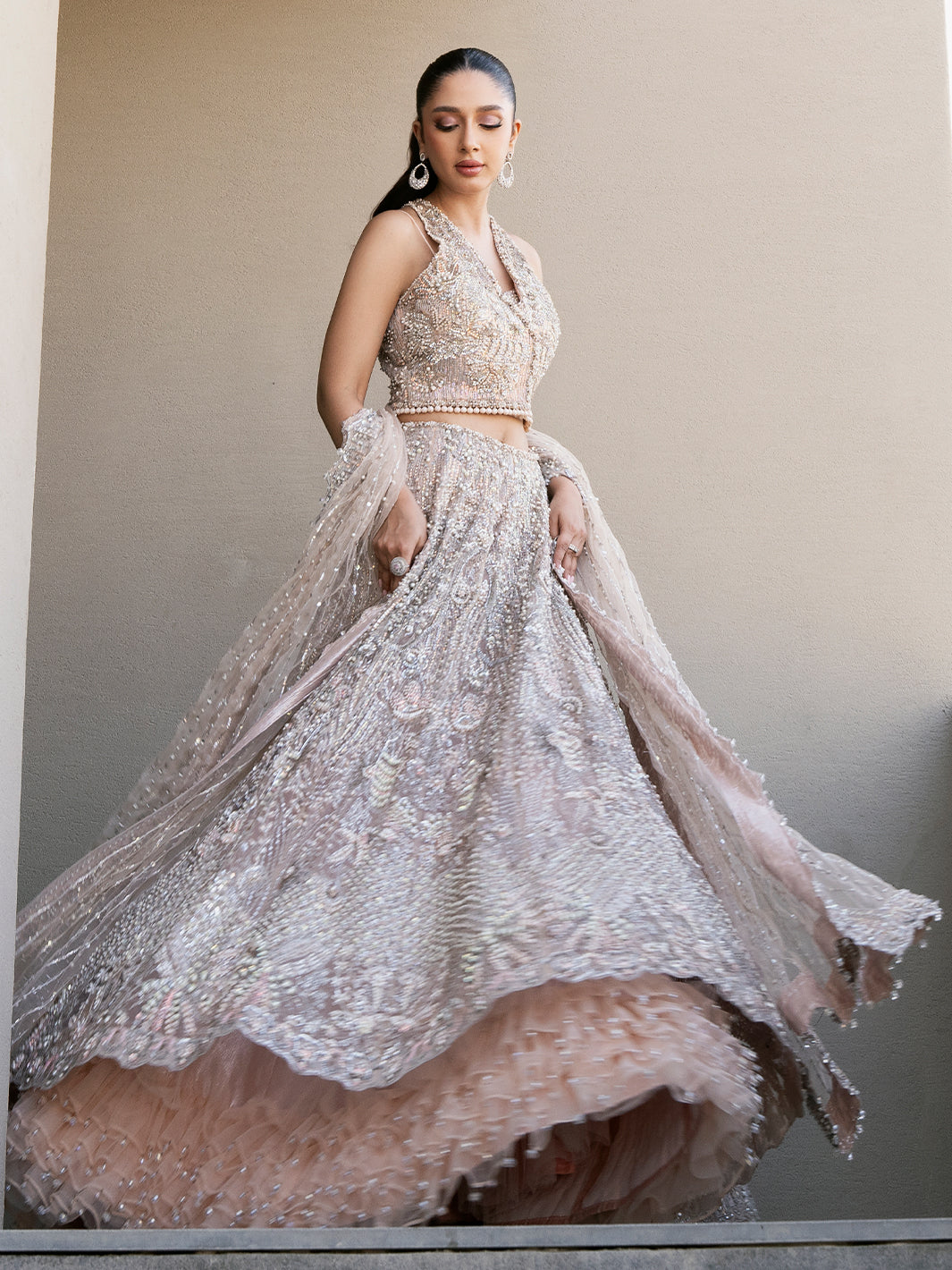 Pakistani Blush Pink Sequin 3D Floral Tulle Lehenga (3-Piece) - Image 4