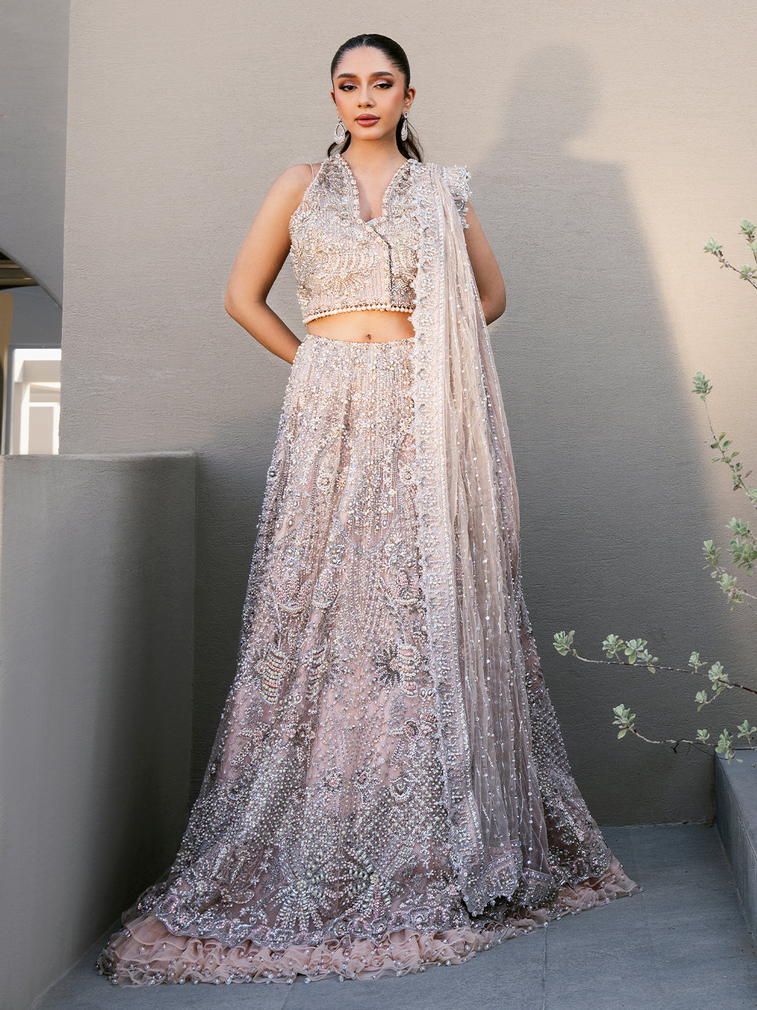 Pakistani Blush Pink Sequin 3D Floral Tulle Lehenga (3-Piece) - Image 5