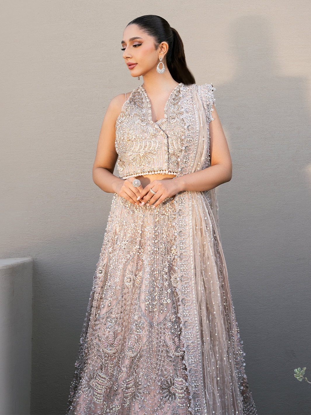 Pakistani Blush Pink Sequin 3D Floral Tulle Lehenga (3-Piece) - Image 6