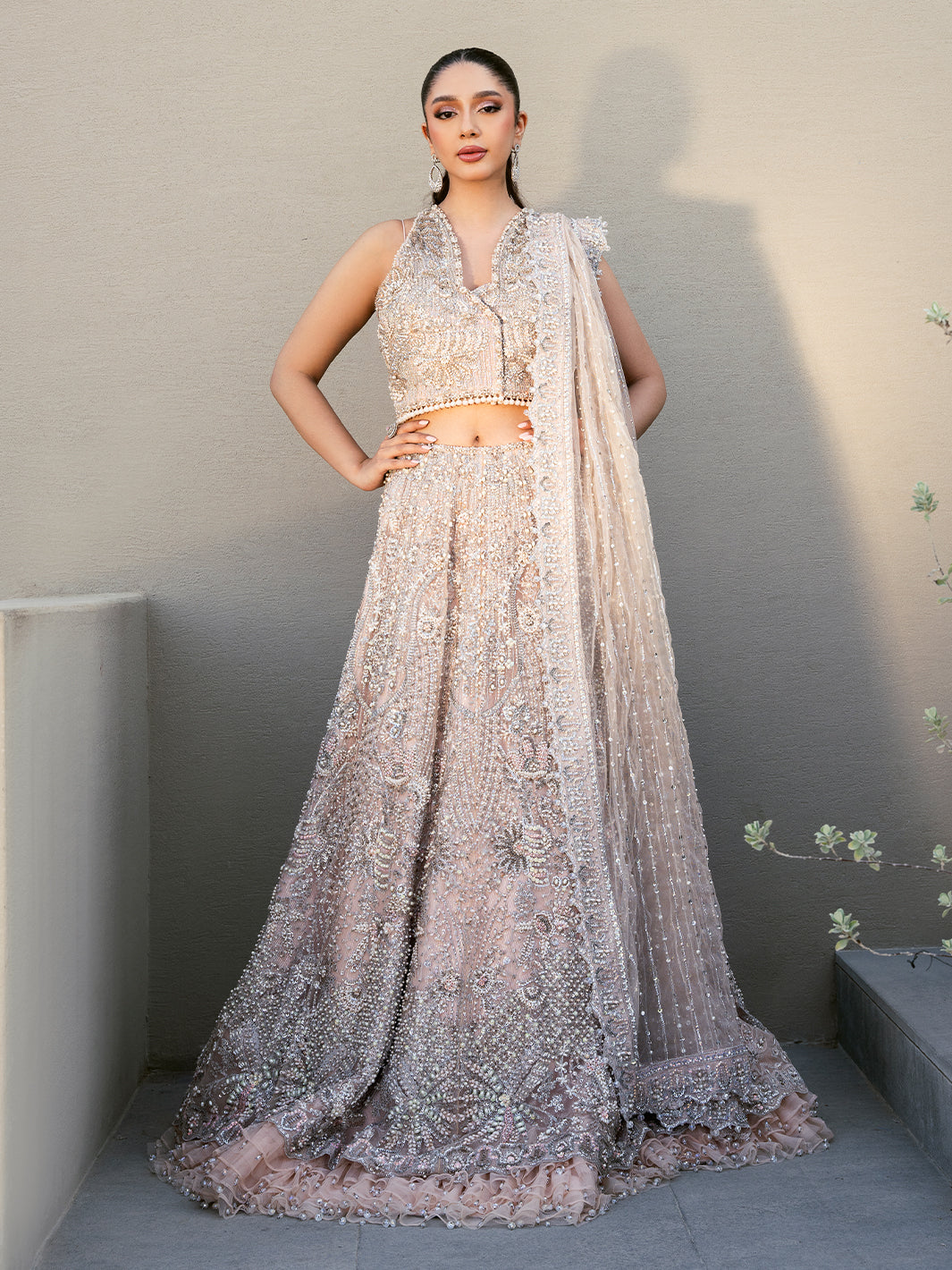 Pakistani Blush Pink Sequin 3D Floral Tulle Lehenga (3-Piece) - Image 7