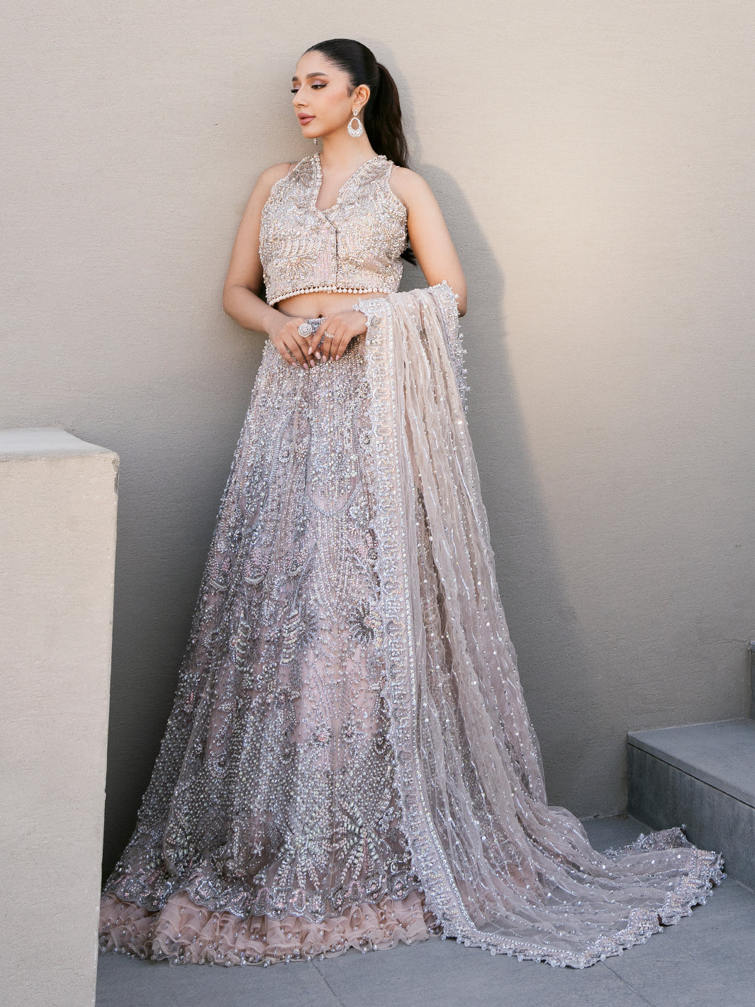 Pakistani Blush Pink Sequin 3D Floral Tulle Lehenga (3-Piece) - Image 8