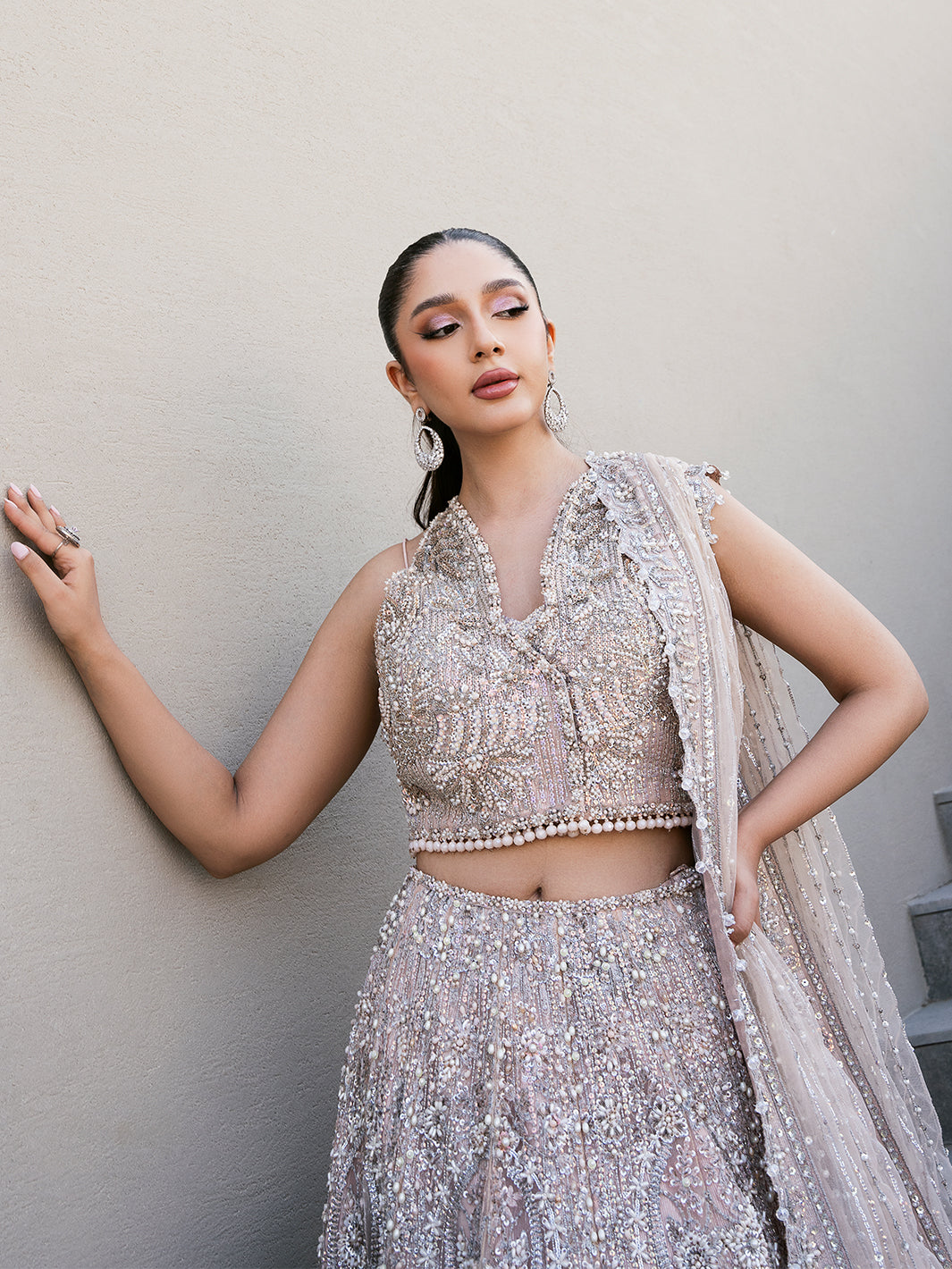 Pakistani Blush Pink Sequin 3D Floral Tulle Lehenga (3-Piece) - Image 9