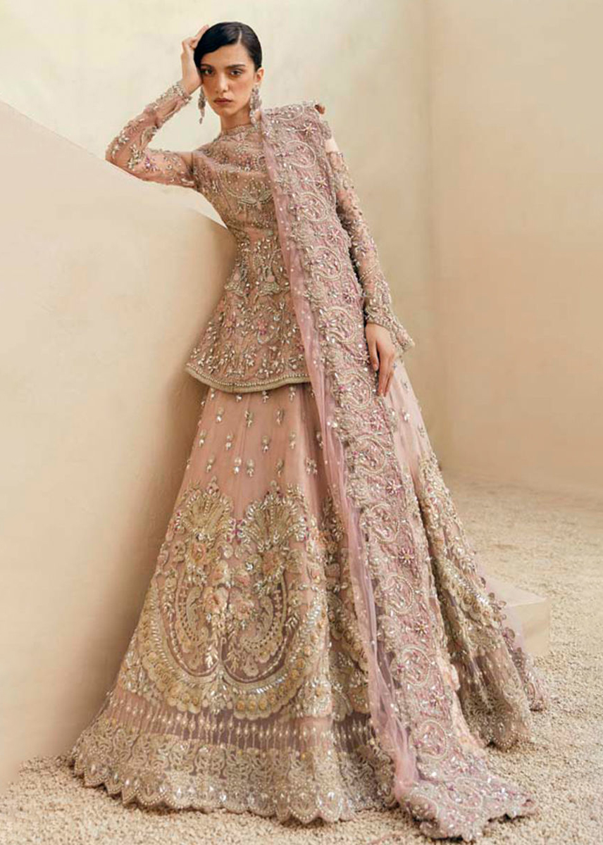 Pakistani Tea Pink Embroidered Tulle Peplum Lehenga (3-Piece) - Image 2