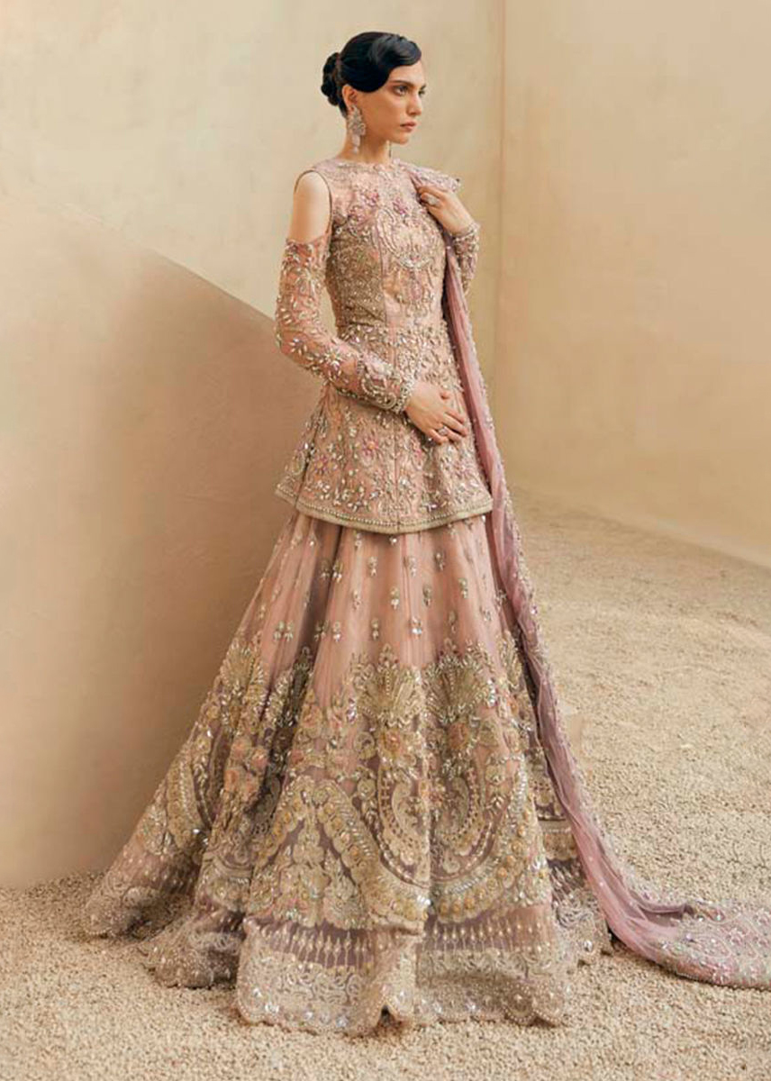 Pakistani Tea Pink Embroidered Tulle Peplum Lehenga (3-Piece) - Image 3