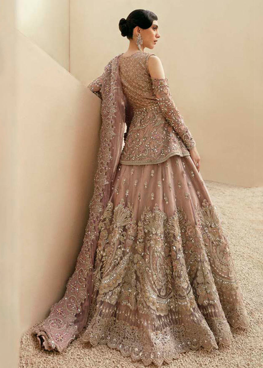 Pakistani Tea Pink Embroidered Tulle Peplum Lehenga (3-Piece) - Image 4