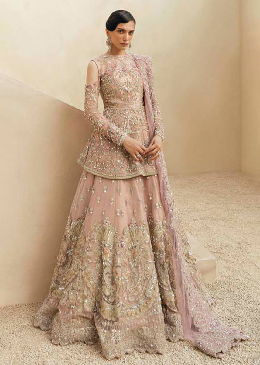 Pakistani Tea Pink Embroidered Tulle Peplum Lehenga (3-Piece) - Image 5