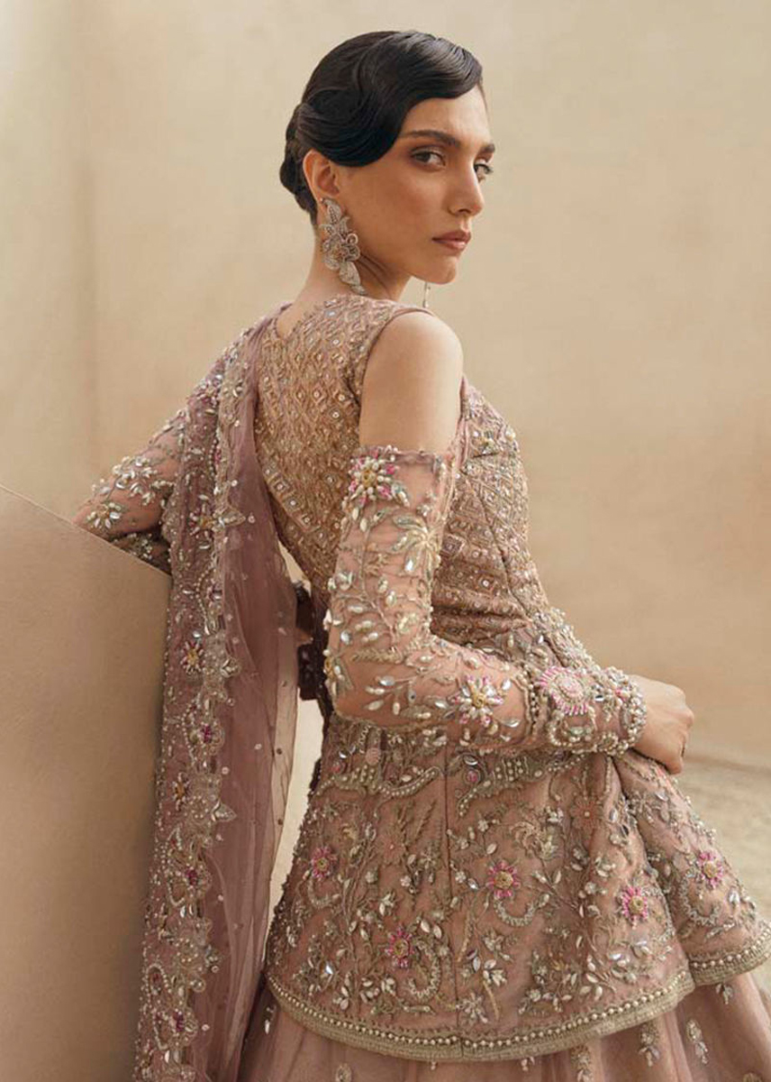 Pakistani Tea Pink Embroidered Tulle Peplum Lehenga (3-Piece) - Image 6