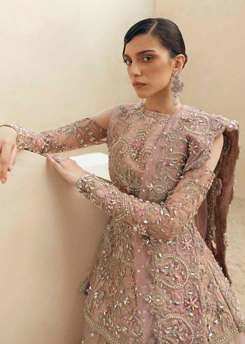 Pakistani Tea Pink Embroidered Tulle Peplum Lehenga (3-Piece) - Image 7