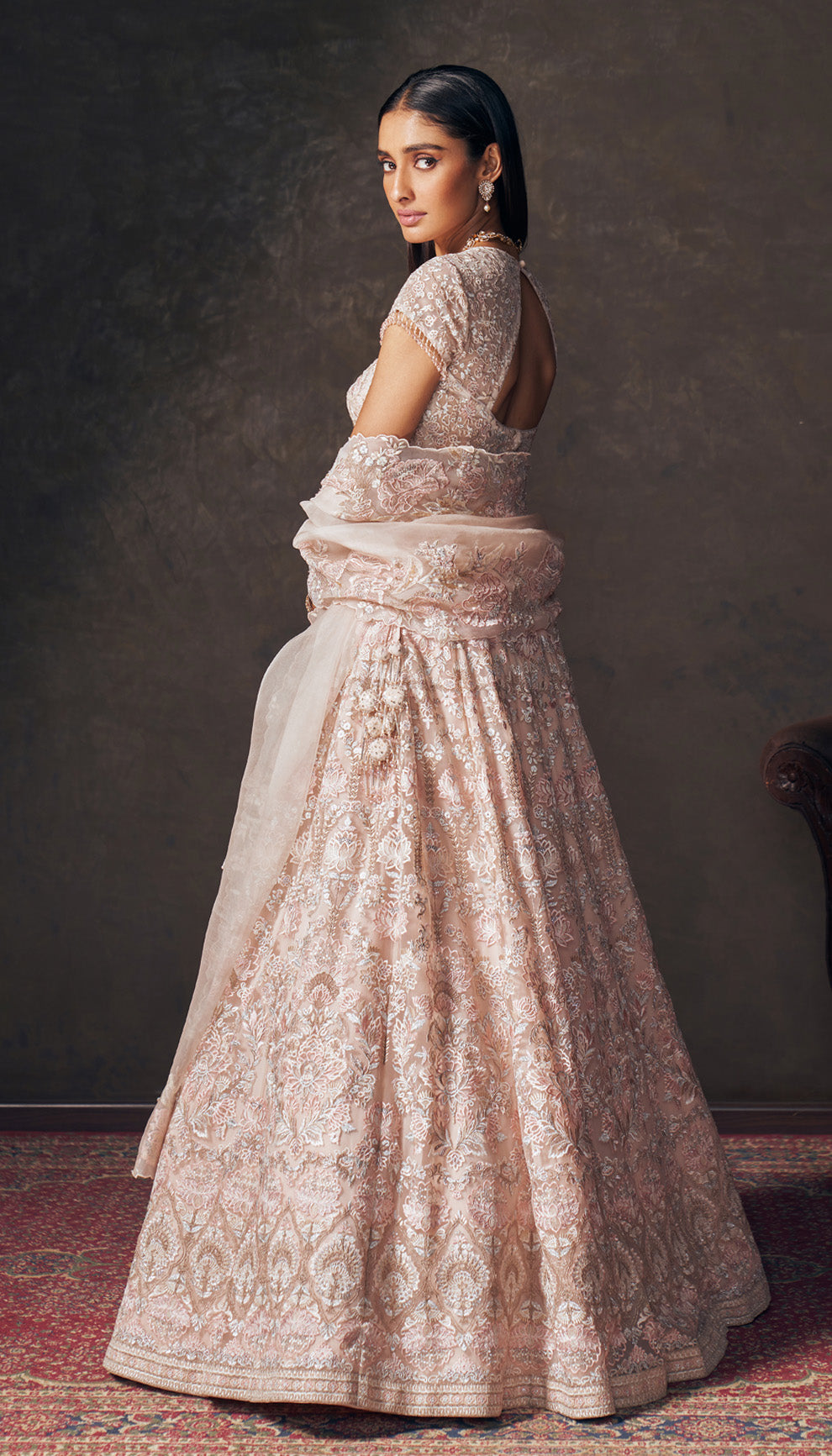 Blush Pink Lotus Embroidered Tulle Lehenga (3-Piece) - Image 3