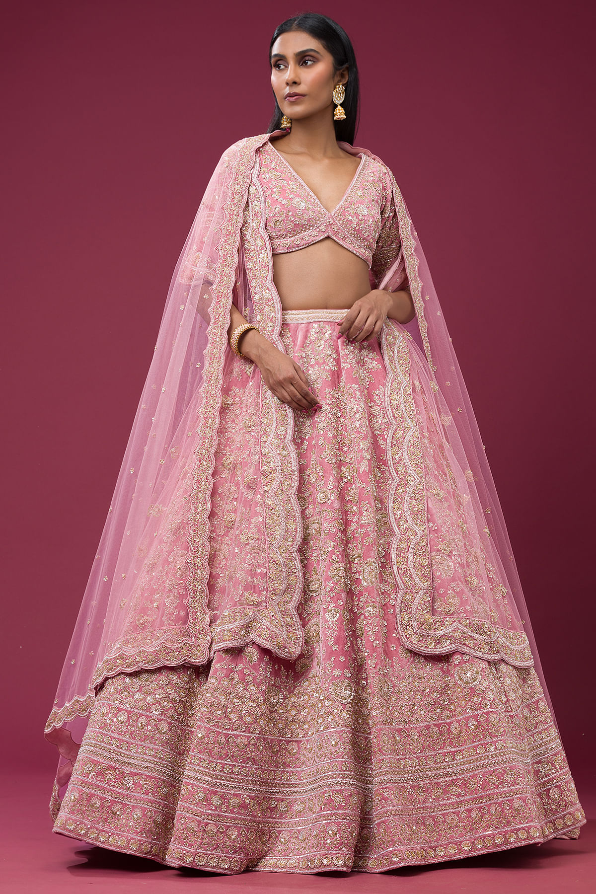 Indian Candy Pink Cutdana Velvet Bridal Lehenga (3-Piece) - Image 1