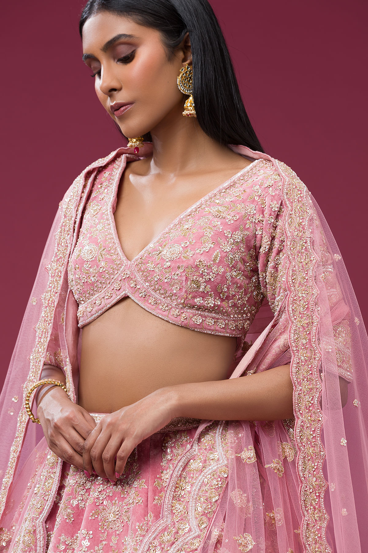 Indian Candy Pink Cutdana Velvet Bridal Lehenga (3-Piece) - Image 2