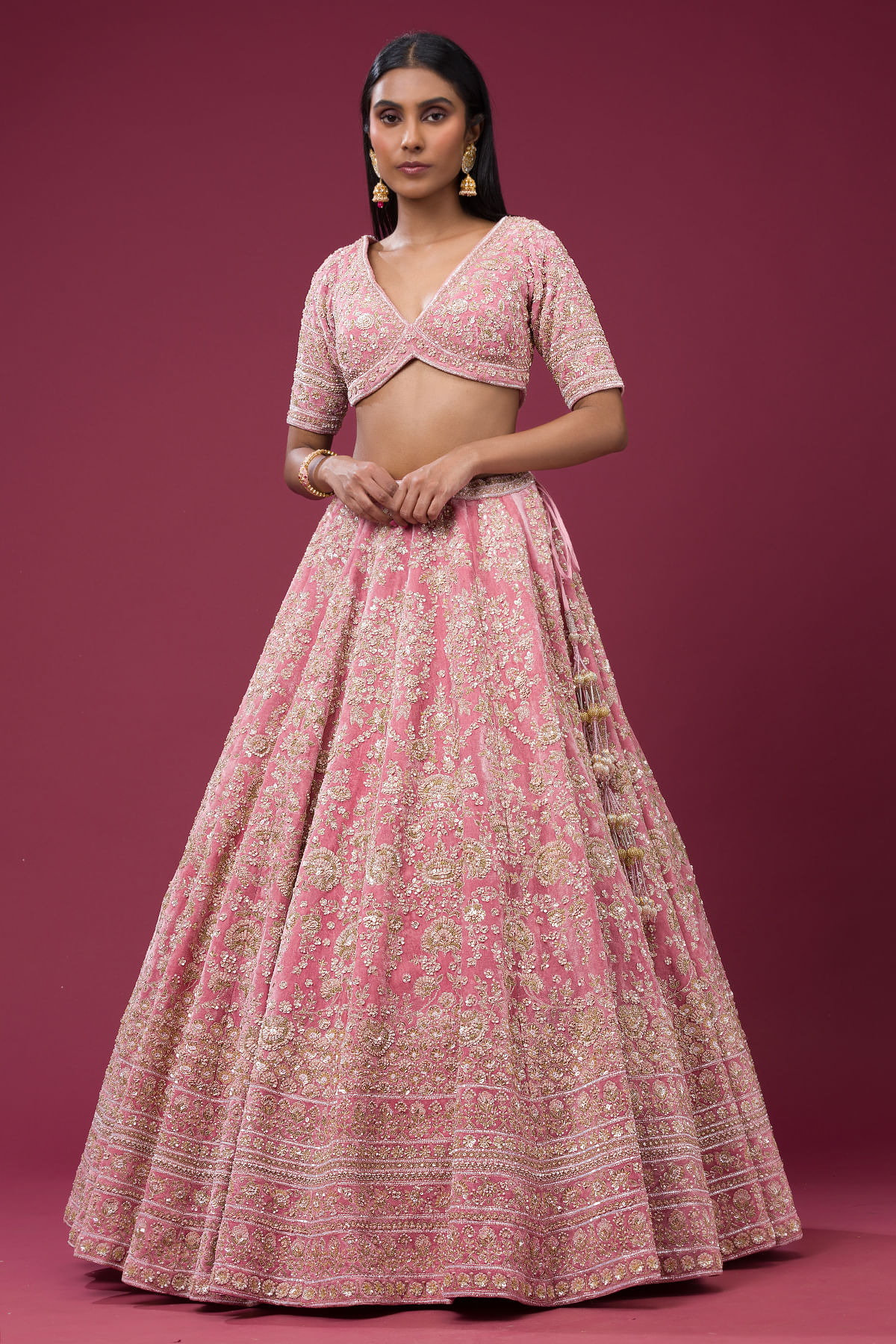 Indian Candy Pink Cutdana Velvet Bridal Lehenga (3-Piece) - Image 3