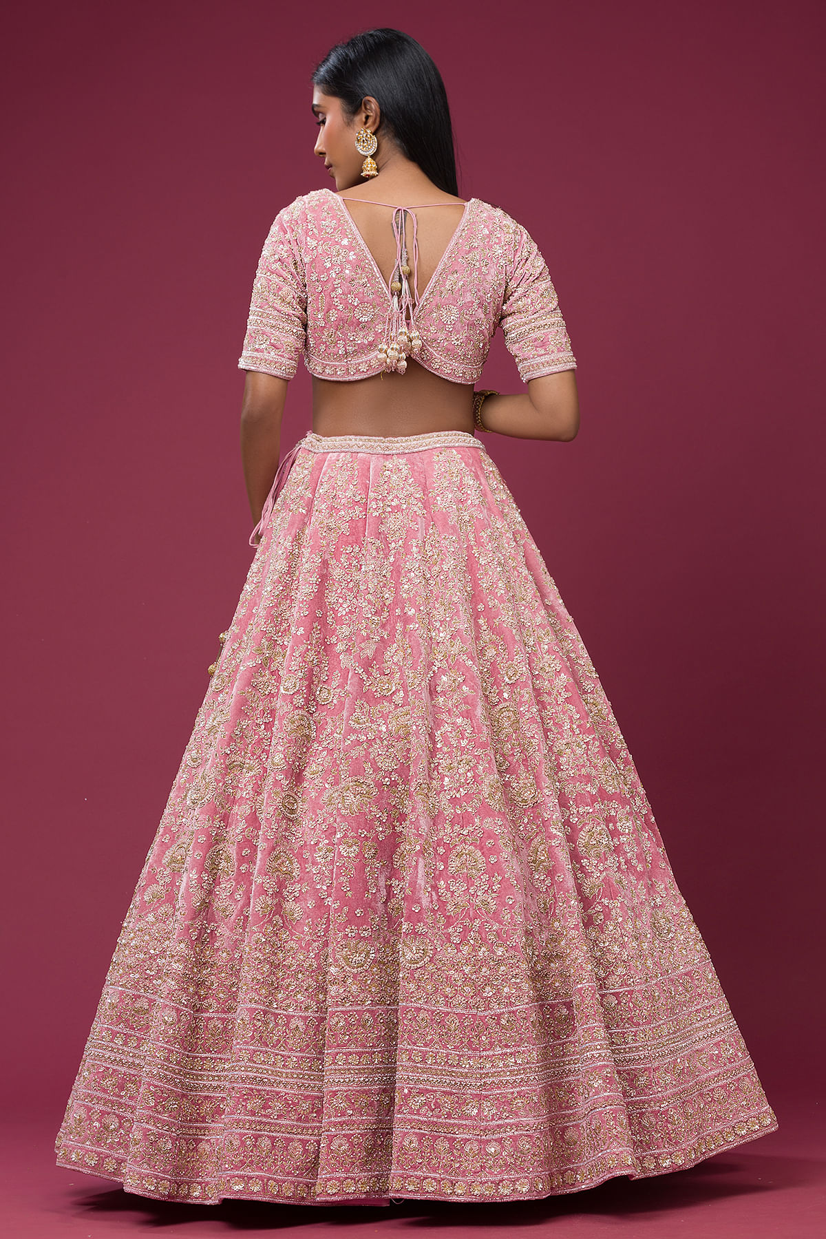 Indian Candy Pink Cutdana Velvet Bridal Lehenga (3-Piece) - Image 4