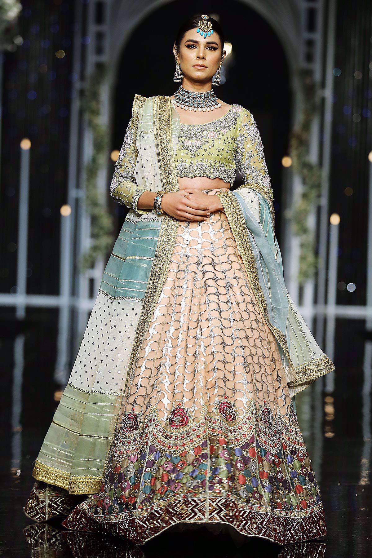Leaf Green Coral Embroidered Velvet & Shimmery Lehenga (3-Piece) - Image 1